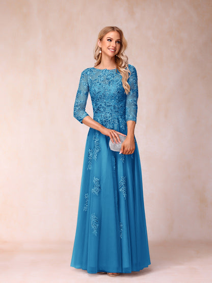 Forme Princesse Col Transparent Demi Manches Longue Robes de Soirée Formel avec Billes et Appliques