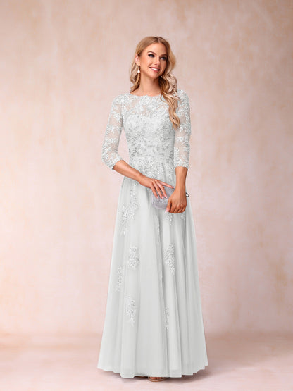 Forme Princesse Col Transparent Demi Manches Longue Robes de Soirée Formel avec Billes et Appliques