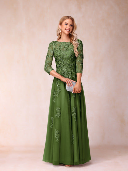 Forme Princesse Col Transparent Demi Manches Longue Robes de Soirée Formel avec Billes et Appliques