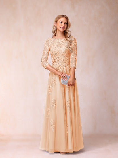 Forme Princesse Col Transparent Demi Manches Longue Robes de Soirée Formel avec Billes et Appliques
