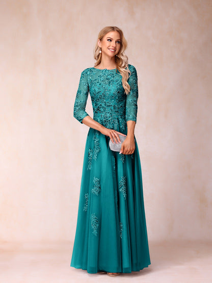 Forme Princesse Col Transparent Demi Manches Longue Robes de Soirée Formel avec Billes et Appliques