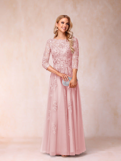 Forme Princesse Col Transparent Demi Manches Longue Robes de Soirée Formel avec Billes et Appliques