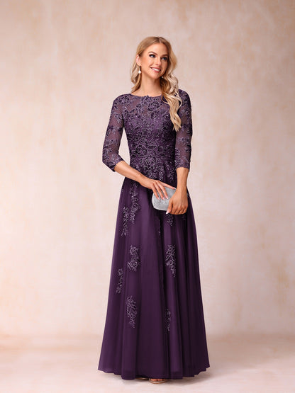 Forme Princesse Col Transparent Demi Manches Longue Robes de Soirée Formel avec Billes et Appliques