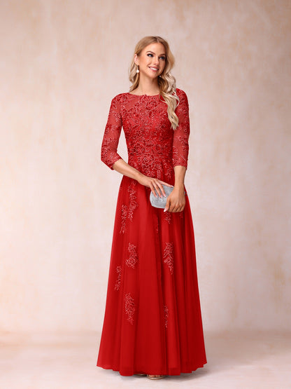 Forme Princesse Col Transparent Demi Manches Longue Robes de Soirée Formel avec Billes et Appliques