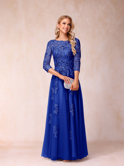 Forme Princesse Col Transparent Demi Manches Longue Robes de Soirée Formel avec Billes et Appliques