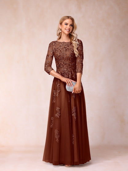 Forme Princesse Col Transparent Demi Manches Longue Robes de Soirée Formel avec Billes et Appliques