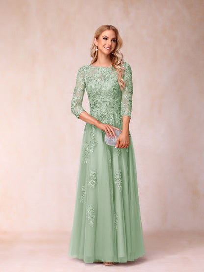 Forme Princesse Col Transparent Demi Manches Longue Robes de Soirée Formel avec Billes et Appliques