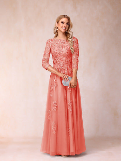Forme Princesse Col Transparent Demi Manches Longue Robes de Soirée Formel avec Billes et Appliques
