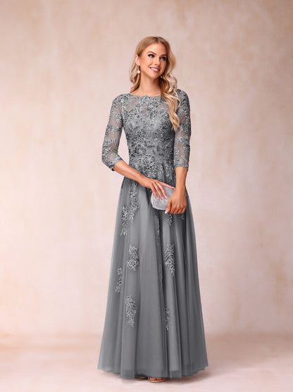 Forme Princesse Col Transparent Demi Manches Longue Robes de Soirée Formel avec Billes et Appliques