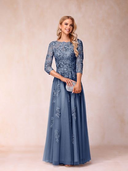 Forme Princesse Col Transparent Demi Manches Longue Robes de Soirée Formel avec Billes et Appliques