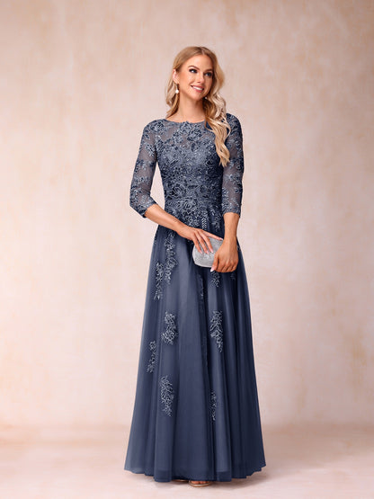 Forme Princesse Col Transparent Demi Manches Longue Robes de Soirée Formel avec Billes et Appliques