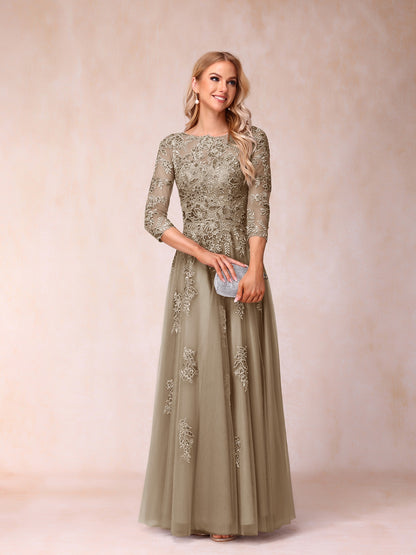 Forme Princesse Col Transparent Demi Manches Longue Robes de Soirée Formel avec Billes et Appliques