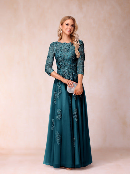 Forme Princesse Col Transparent Demi Manches Longue Robes de Soirée Formel avec Billes et Appliques