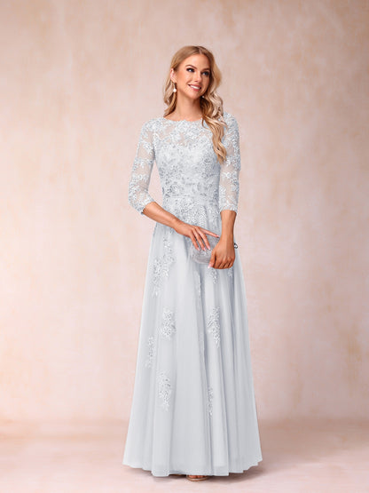 Forme Princesse Col Transparent Demi Manches Longue Robes de Soirée Formel avec Billes et Appliques