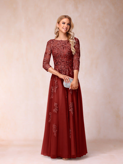 Forme Princesse Col Transparent Demi Manches Longue Robes de Soirée Formel avec Billes et Appliques