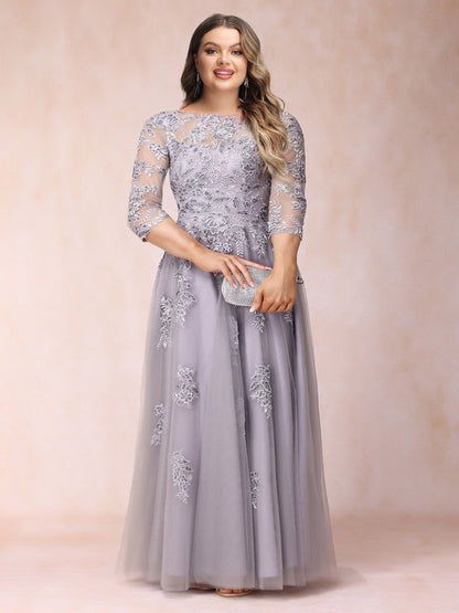 Robe de Soirée Trapèze/Princesse Longue à Col Transparent et Manches Mi-Longues, Grande Taille avec Perles et Appliqués