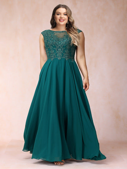 Robe de Soirée Trapèze/Princesse Longue Sans Manches, Col Transparent, Grande Taille avec Perles et Appliques