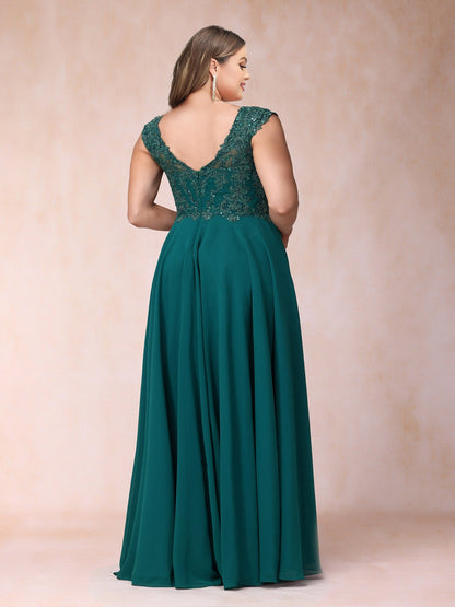 Robe de Soirée Trapèze/Princesse Longue Sans Manches, Col Transparent, Grande Taille avec Perles et Appliques