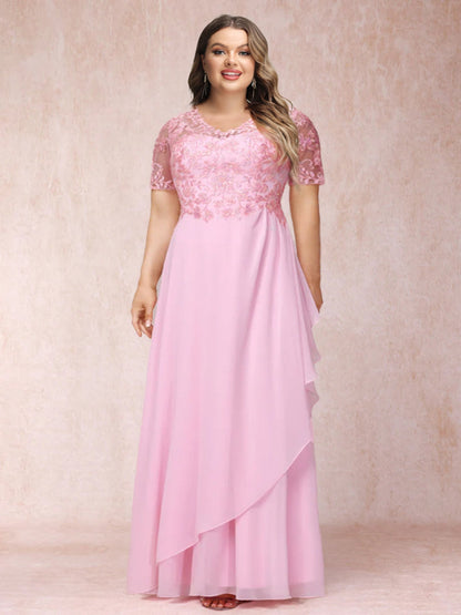 Robe de Soirée Longue Grande Taille, Coupe Trapèze/Princesse, Col en V, Manches Courtes avec Appliques
