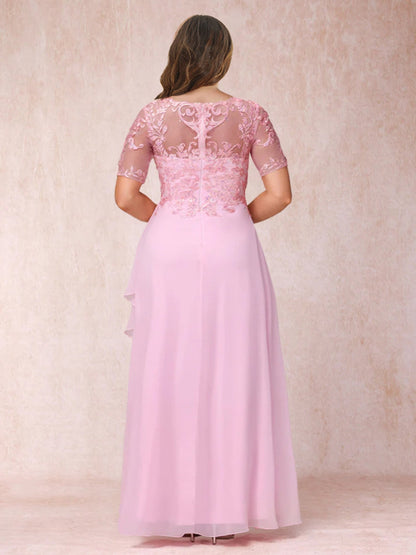 Robe de Soirée Longue Grande Taille, Coupe Trapèze/Princesse, Col en V, Manches Courtes avec Appliques