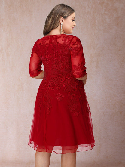 Robe de Soirée Courte Trapèze/Princesse à Col Transparent et Manches Mi-Longues, Grande Taille avec Applications