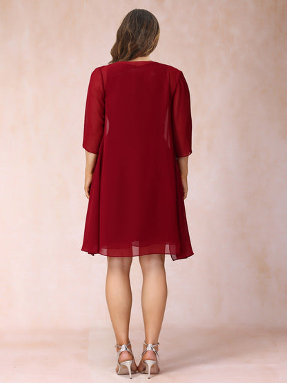Robe de Soirée Courte, Coupe Trapèze/Princesse, Décolletée, Sans Manches, Grande Taille, Froncée et avec Veste