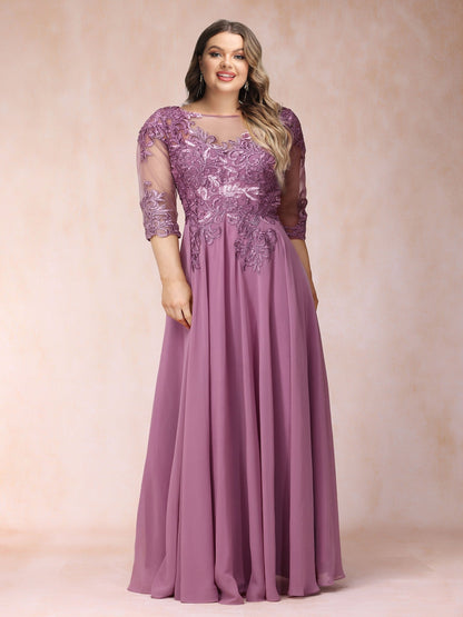 Robe de Soirée Longue Trapèze/Princesse à Col Transparent et Manches 3/4, Grande Taille avec Paillettes et Appliqués