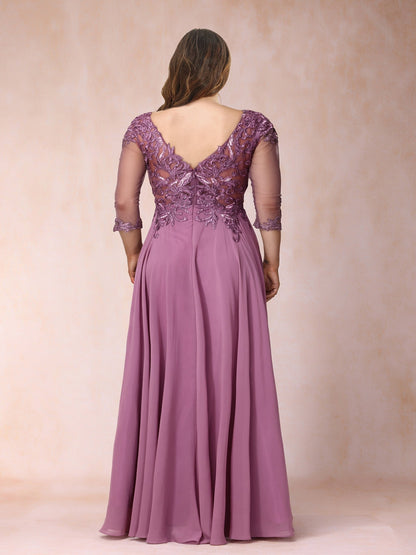 Robe de Soirée Longue Trapèze/Princesse à Col Transparent et Manches 3/4, Grande Taille avec Paillettes et Appliqués