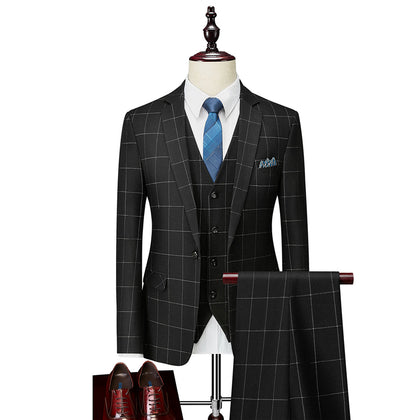 Costume de Mariage à Carreaux 3 Pièces pour Homme Coupe Ajustée Simple Boutonnage Un Bouton