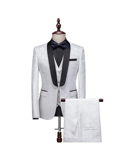 Costume de Mariage 3 Pièces Pour Homme, Coupe Ajustée, Revers Châle, Simple Boutonnage, Un Bouton, à Motifs