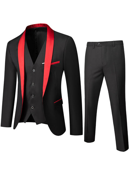 Costume de Mariage 3 Pièces Pour Homme, Coupe Ajustée, Revers Châle, Simple Boutonnage, Un Bouton, à Motifs