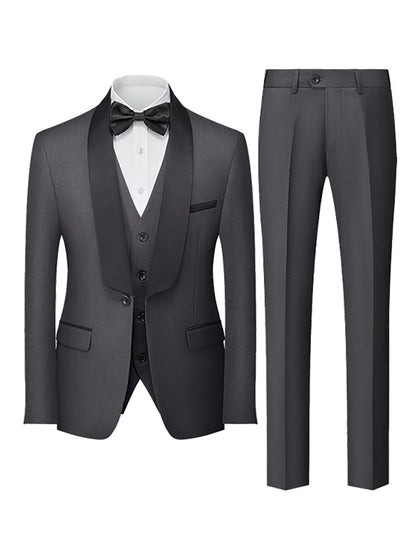Costumes pour Hommes 3 Pièces de Couleur Unie, Coupe Ajustée, Col Châle, Veste à Un Bouton