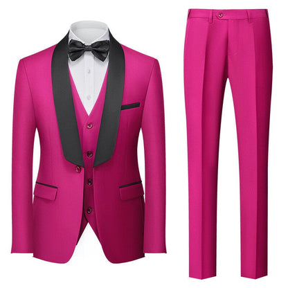 Costumes pour Hommes 3 Pièces de Couleur Unie, Coupe Ajustée, Col Châle, Veste à Un Bouton