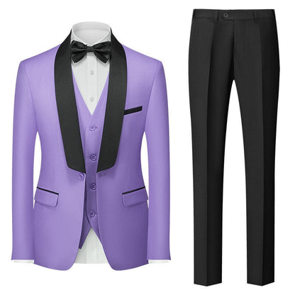 Costumes pour Hommes 3 Pièces de Couleur Unie, Coupe Ajustée, Col Châle, Veste à Un Bouton