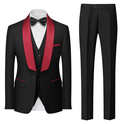 Costumes pour Hommes 3 Pièces de Couleur Unie, Coupe Ajustée, Col Châle, Veste à Un Bouton