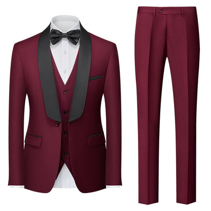 Costumes pour Hommes 3 Pièces de Couleur Unie, Coupe Ajustée, Col Châle, Veste à Un Bouton