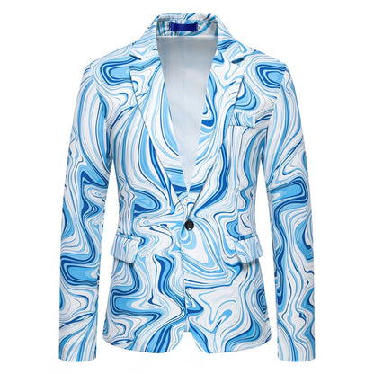Veste Homme Imprimée Vague à Un Bouton, Coupe Ajustée, Col à Cran Simple Breasted