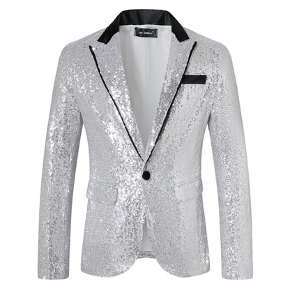 Veste de Fête pour Homme à Revers Pointu Ajustée, à Un Bouton, en Sequins, avec Poches