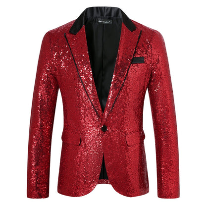 Veste de Fête pour Homme à Revers Pointu Ajustée, à Un Bouton, en Sequins, avec Poches