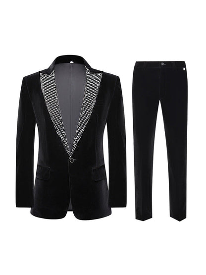 Costume de Fête pour Homme 2 Pièces Ajusté avec Revers en Pointe, à Un Bouton, Orné de Strass