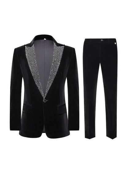 Costume de Fête pour Homme 2 Pièces Ajusté avec Revers en Pointe, à Un Bouton, Orné de Strass