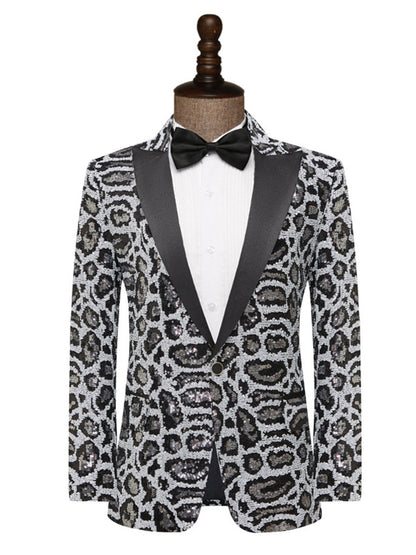 Veste de Fête pour Homme à Revers Pointu Ajustée, Un Bouton, Imprimé Léopard avec Paillettes
