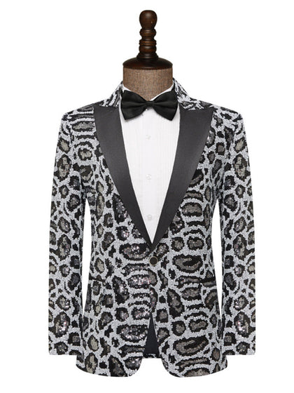 Veste de Fête pour Homme à Revers Pointu Ajustée, Un Bouton, Imprimé Léopard avec Paillettes