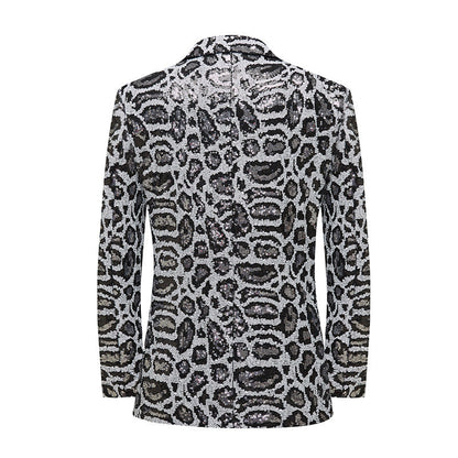 Veste de Fête pour Homme à Revers Pointu Ajustée, Un Bouton, Imprimé Léopard avec Paillettes