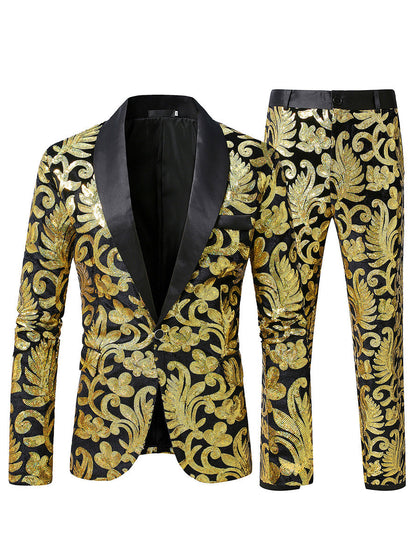 Costume de Fête pour Homme 2 Pièces à Revers Châle Ajusté, Simple Boutonnage à Un Bouton avec Appliques de Paillettes