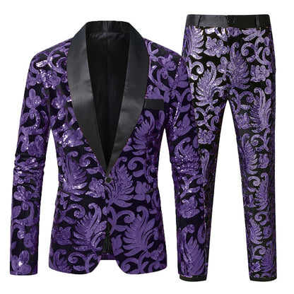 Costume de Fête pour Homme 2 Pièces à Revers Châle Ajusté, Simple Boutonnage à Un Bouton avec Appliques de Paillettes