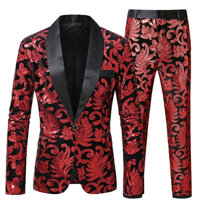 Costume de Fête pour Homme 2 Pièces à Revers Châle Ajusté, Simple Boutonnage à Un Bouton avec Appliques de Paillettes