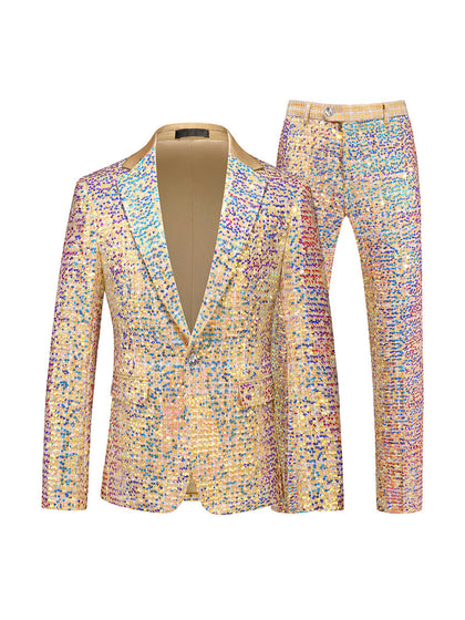Costume de Fête pour Homme 2 Pièces à Paillettes, Coupe Ajustée, Revers Cranté, Veste à Un Bouton et Simple Boutonnage