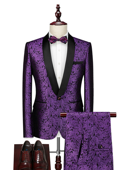 Costumes de Fête pour Hommes 2 Pièces en Jacquard, Coupe Ajustée, Col Châle, Veste à Un Bouton