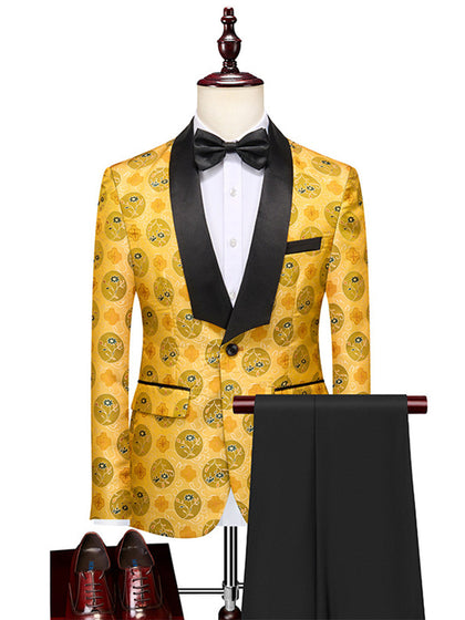 Costume de Fête pour Homme 2 Pièces Ajusté avec Revers Châle, Un Bouton, Broderie